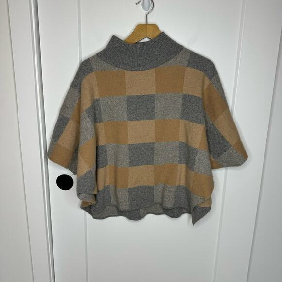 Note Di Anita Tan & Grey Checkered Wool Blend Knit Poncho Sweater One Size - Picture 2 of 5